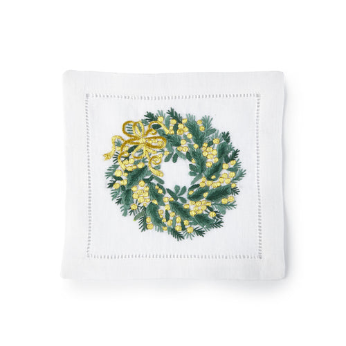 Festive Wreath Holiday Cocktail Napkins 6x6 (Set of 4) - Loro Lino Fine Linens