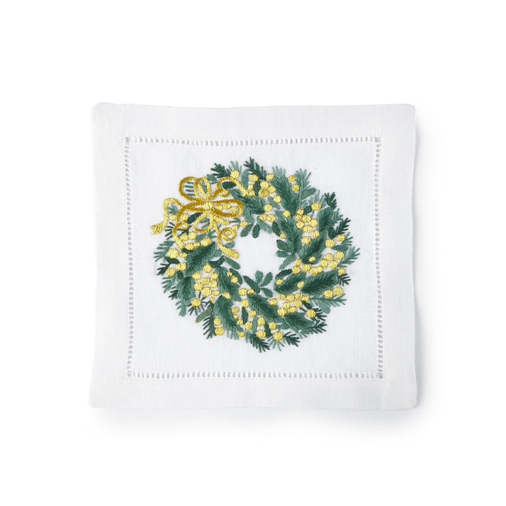 Festive Wreath Holiday Cocktail Napkins 6x6 (Set of 4) - Loro Lino Fine Linens